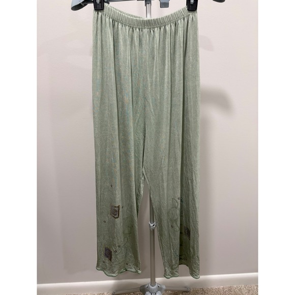 Bluefish Pants - Bluefish Green Pull On Hand Printed Pants Artsy Art To Wear Size 0 Vintage